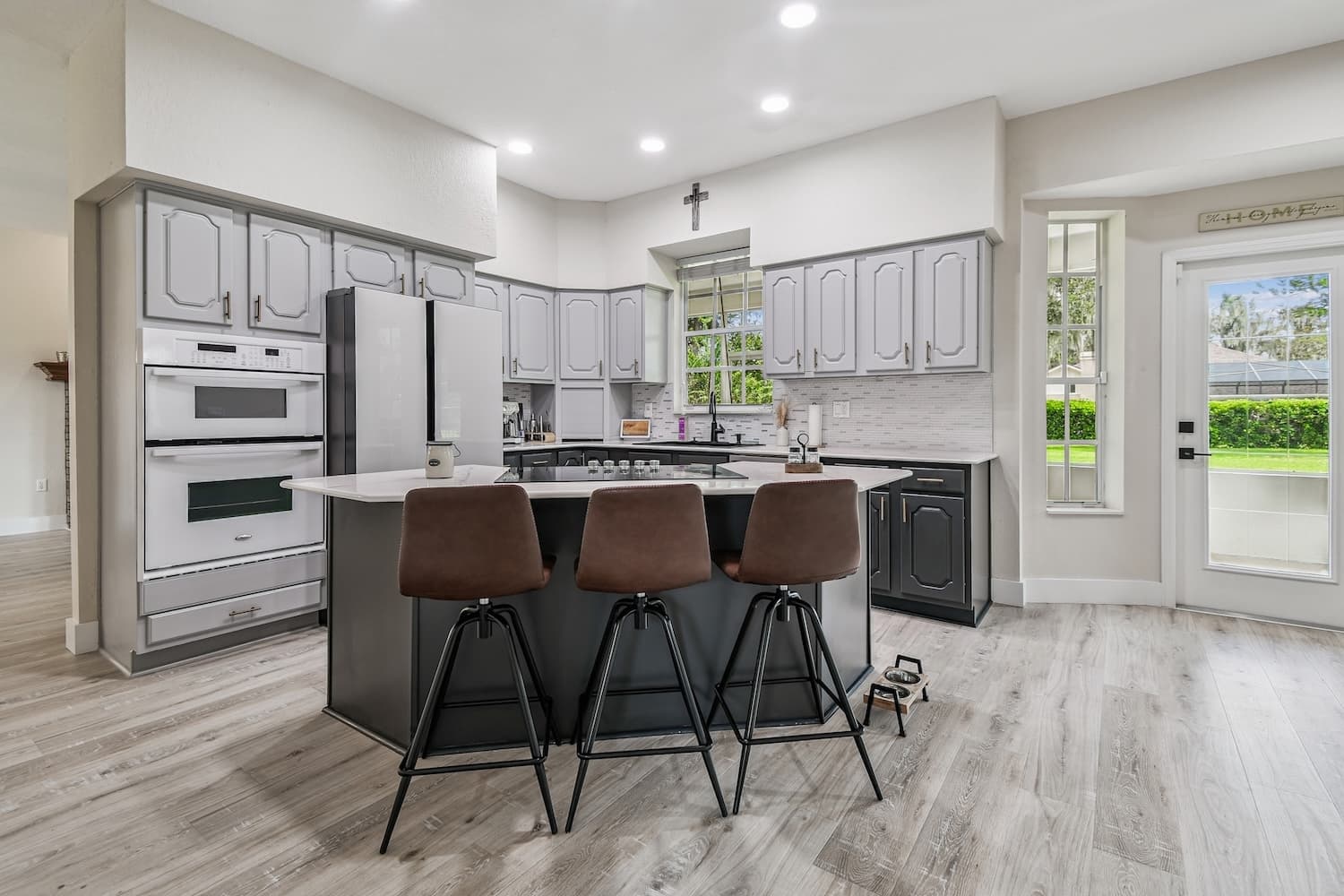 Modern Tampa kitchen renovation with gray cabinets and center island